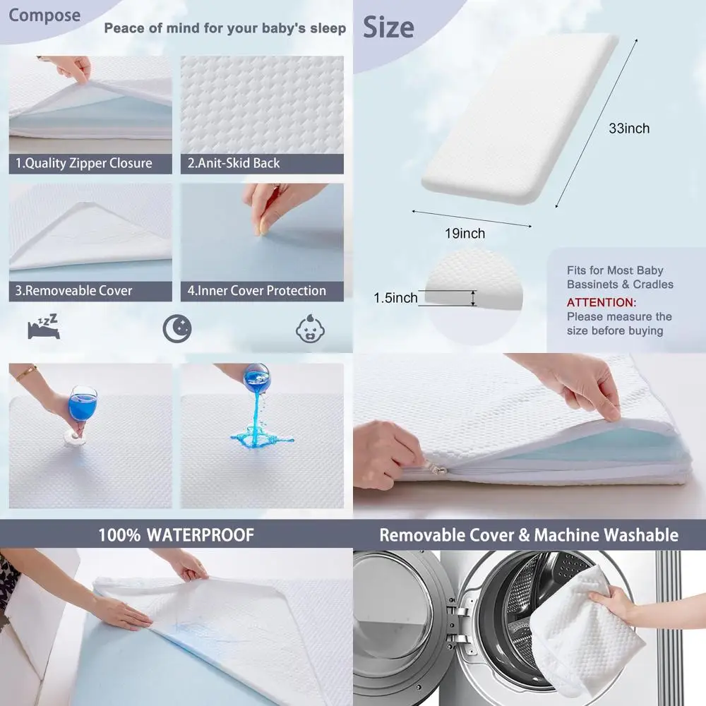 

Dual-Sided Gel Memory Foam Mattress Pad, Waterproof & Removable Cover, Fits ANGELBLISS, Jimglo, BabyBond, and Cowiewie Bassinets
