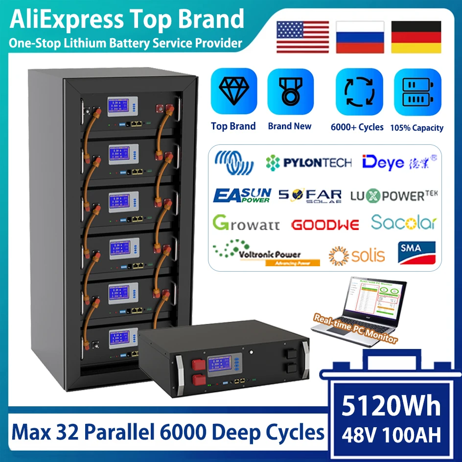 48V LiFePO4 100Ah 5120Wh Battery Pack 16S 100A BMS CAN RS485 BUS PC Monitor 6000 Cycles Life 10 Years Warranty