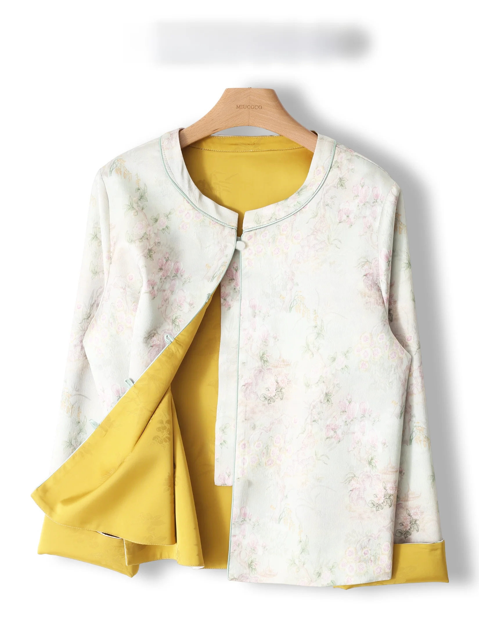 New Chinese Style Double-Sided Wear Women's Jacket Color Block Print Loose Fit Long Sleeve round Neck Button Closure Coat