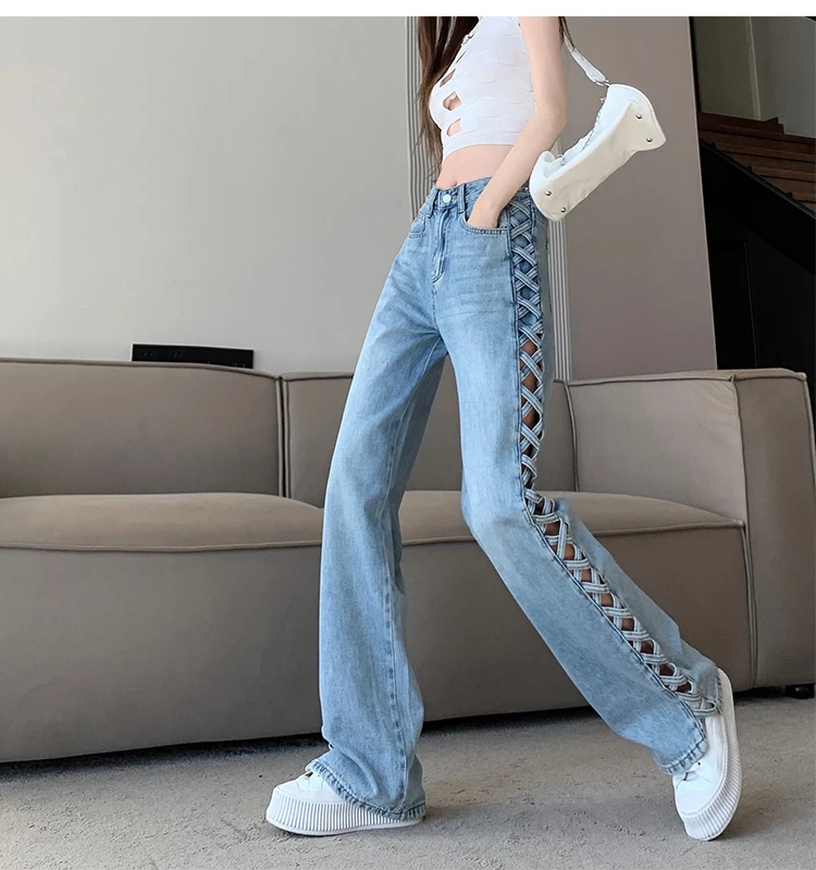 Fashion Braid Hollow Out Women Jeans High Waist Straight Denim Pants Spring Summer Casual Wide Leg Trousers Streetwear