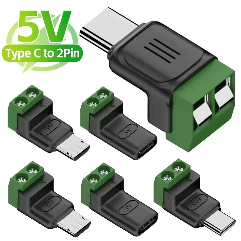 1-10PCS Solderless Terminal Adapter USB C/Micro Male To 2Pin Type-C Female To 2 Pin Crimp Terminal Block 5V Charge Connectors
