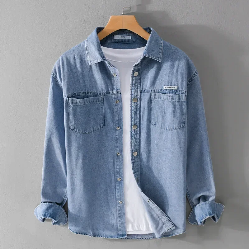 

Korean Style Vintage Long Sleeve Blue Denim Shirt Men Spring Fall Daily Casual Jean Shirts Lapel Double Pocket Cowboy Shirt Men