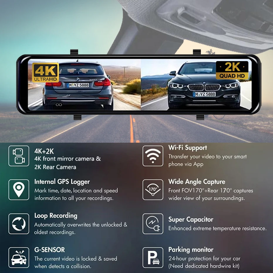 4K Dual Lens Front 2160P Car DVR Rear 2K 1440P Camera Rearview Mirror WIFI Video Recorder GPS Tracker Auto Registrar Dash Cam