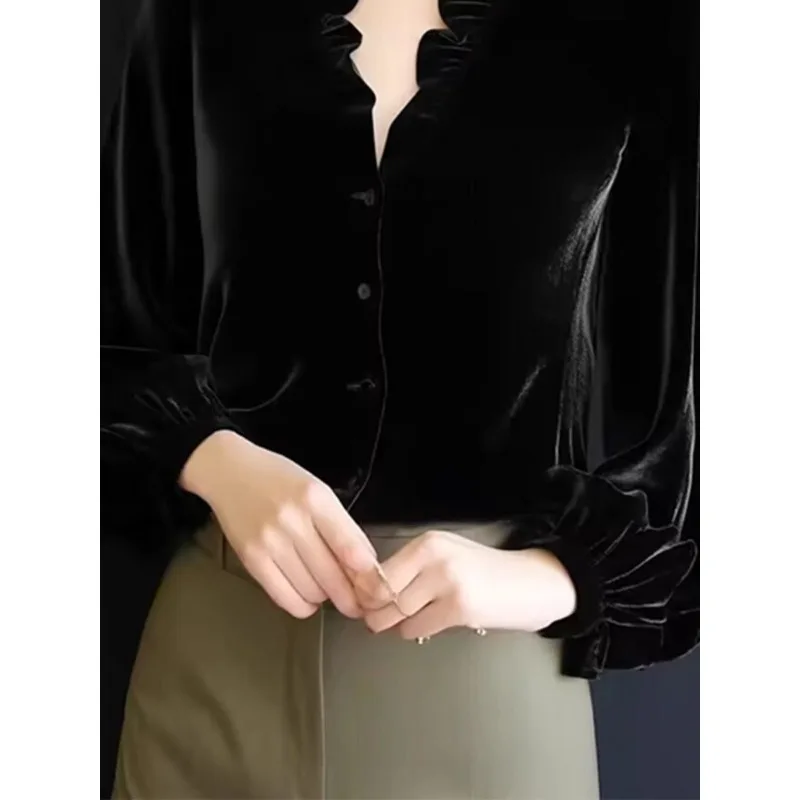 الفرنسية الرجعية الذهب المخملية تقسم أعلى الخريف الشتاء قميص المشاهير الجديد بأكمام طويلة #4