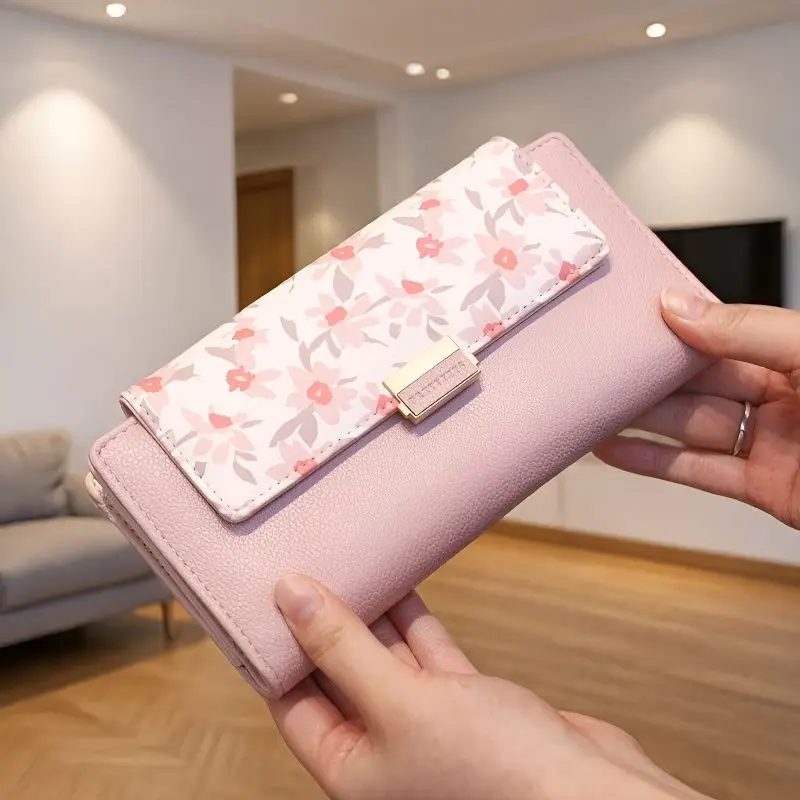

2026 New Women's Long Wallet PU Leather Printed Zipper Buckle Foldable Clutch Multi-Card ID Card Holder Foldable Party Gift Birt