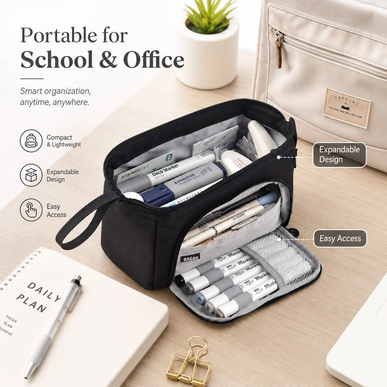 Drop Down Expandable Pencil Case Cute Minimalist Retractable Design Portable Student Pen Storage Bag