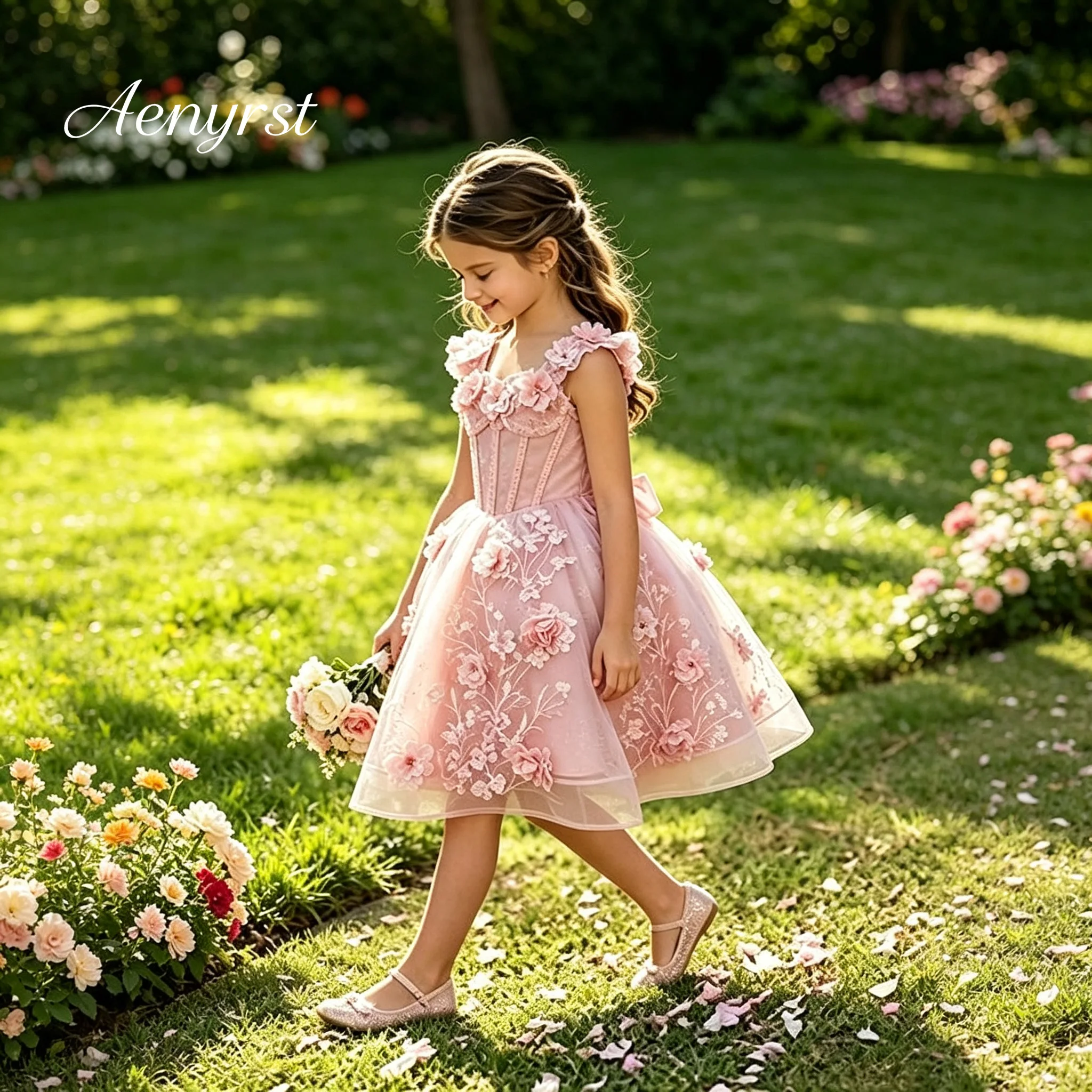 Girls Pink 3D Floral Corset Flower Girl Dress Big Bow Tulle Princess Gown Kids Birthday Wedding Party Dress