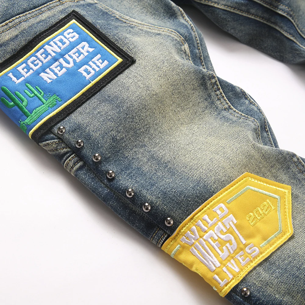 Men's Badge Patch Boot Cut Jeans Rivet Vintage Retro Blue Stretch Denim Pants Streetwear Slim Flared Trousers view 4
