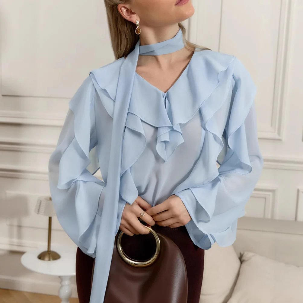 

2026 Summer New Temperament Chiffon Ruffle Trim V Neck Shirt Women Loose Outerwear Commute Long Sleeve Top Womens Outfit