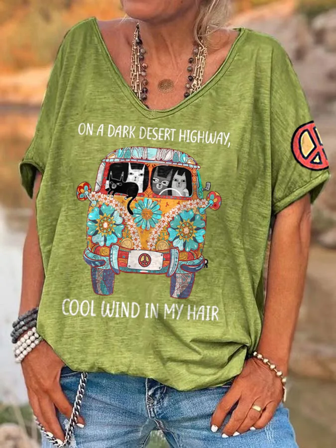 Hippie Damen-T-Shirt mit V-Ausschnitt, Sommer, Strand, kurzärmelig, lässig, locker sitzend, bedruckt