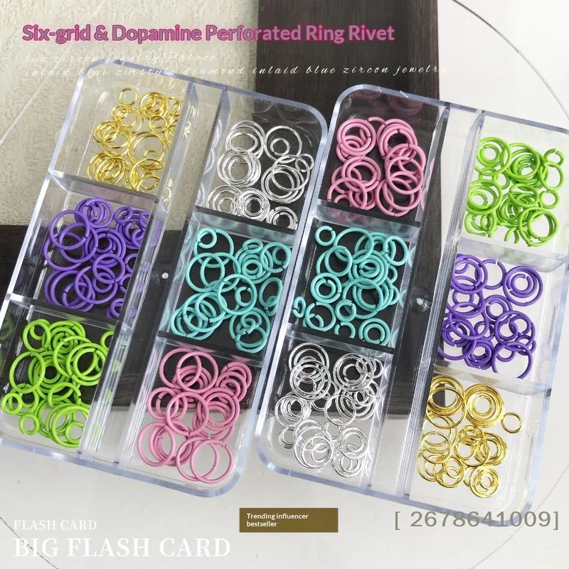 ⚑6 Colors Multi Sizes Metal Round Ring Nail Rivets Charms Box Set Hollow Circle Nail Studs Decorations for DIY Nail Art Design
