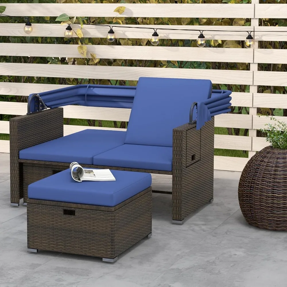 Outdoor Daybed with Retractable Canopy - Rattan Loveseat Sofa Set w/ Adjustable Backrests, 2 Folding Side Panels, Storage