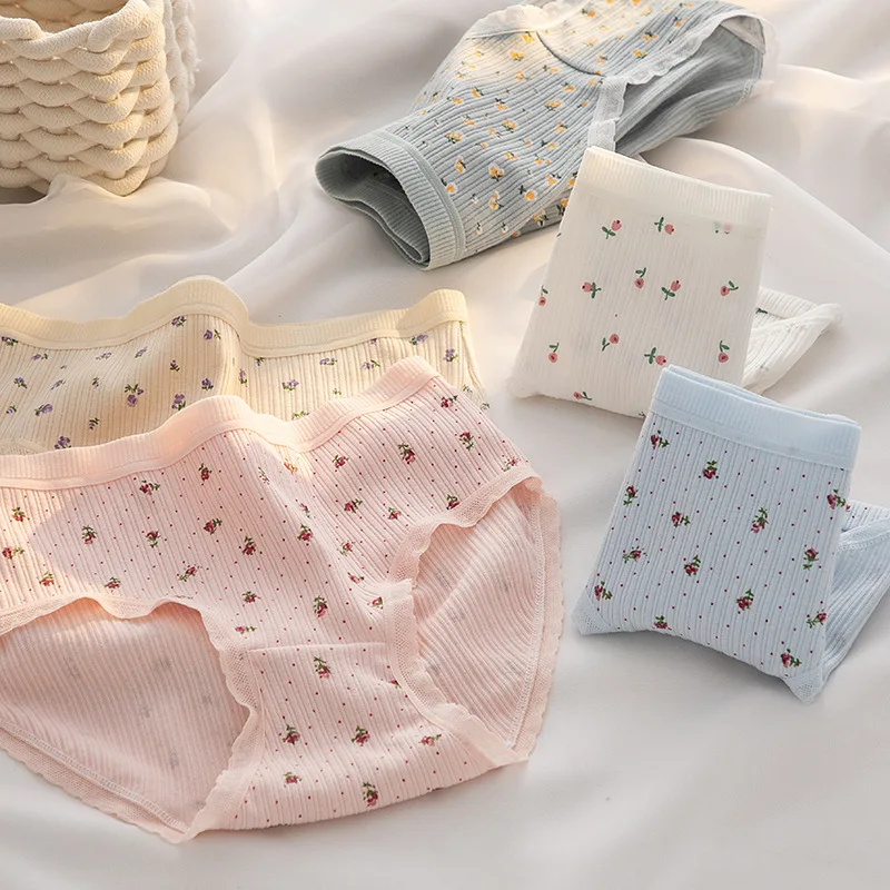Soft Cotton Panties Girls Briefs Sexy Women Breathable Female Underpants Mid Waist Panty Ladies Shorts Small Floral Pattern