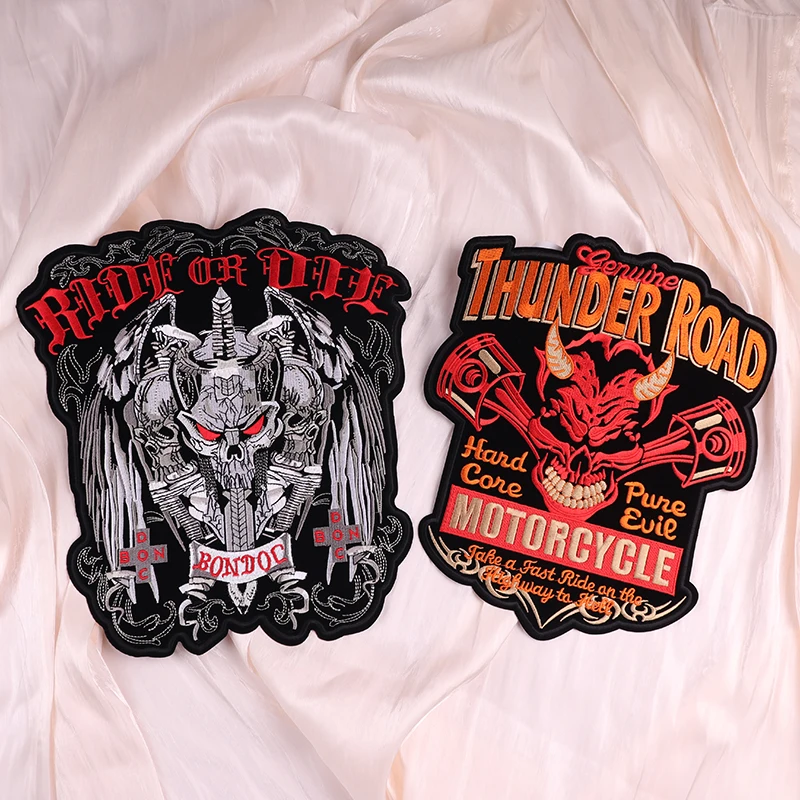 High Quality Large Back Embrodered Patches Motorcycle Biker Embroidery Patch Iron On Patches For Clothing Punk Skull Sew Patch