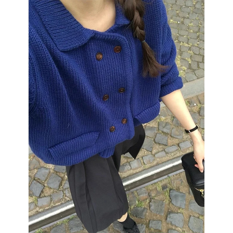 

Ele Gentle East Gate 26 Autumn Turn-down Collar Double-breasted Turquoise Wool Knitted Open Cardigan Women's Faion