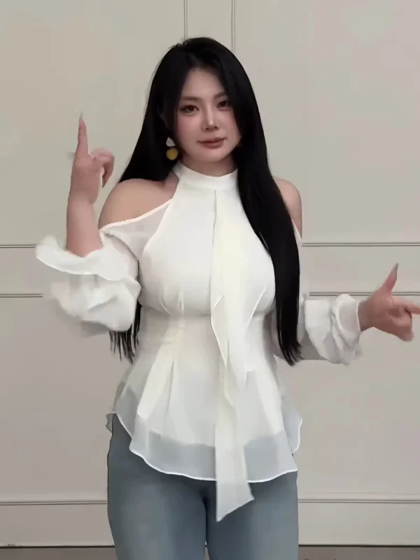 

plus Size Korean Style Shoulder Bared Long Sleeve Women's Shirt Spring Summer New Sweet Design Gored Skirt Hem Top