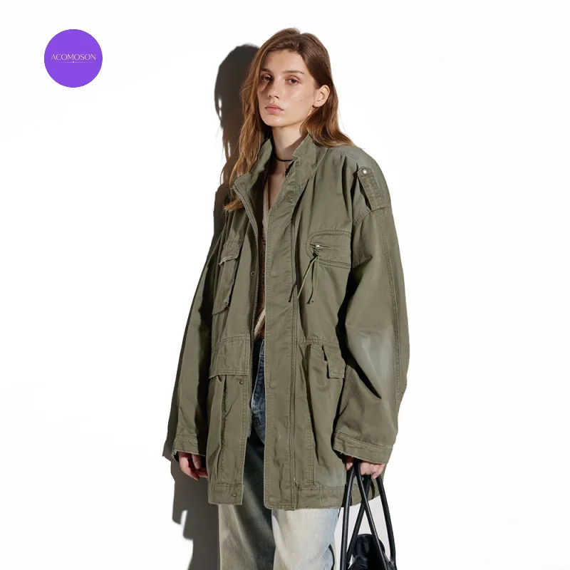 ACOMOSON Casual High-Street Mid-Length Women Coat Distressed Frayed Vintage Multiple Pockets Travel Holiday Outdoor Coat
