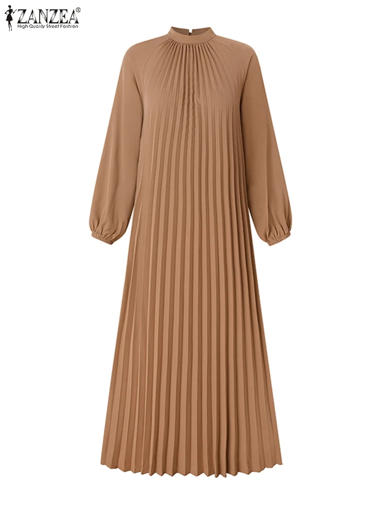 ZANZEA 2024 jesienne damskie sukienki muzułmańskie moda z długim rękawem Casual Abaya Vestido odzież islamska elegancka, plisowana sukienka Maxi