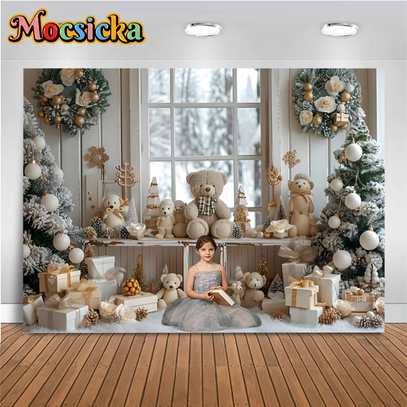 Christmas Bear Backdrop White Wood Wall Flower Wreath Christmas Tree Background For Photography Children Decoration Photo Studio