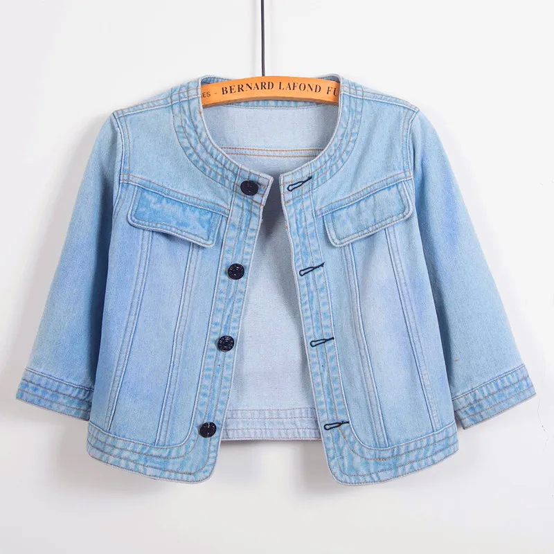 S-5XL Women Denim Jackets Spring Three-Quarter Sleeve O-Neck Single-Breasted Washed Jean Short Jacket Female Casual Outerwear