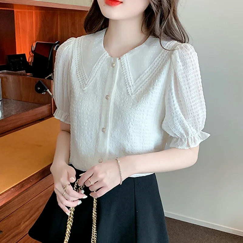 Lace Patchwork Chiffon Shirts Womens 2024 Summer Korean Fashion Clothes Casual Blouses Vintage Puff Sleeve Tops Blusas Mujer