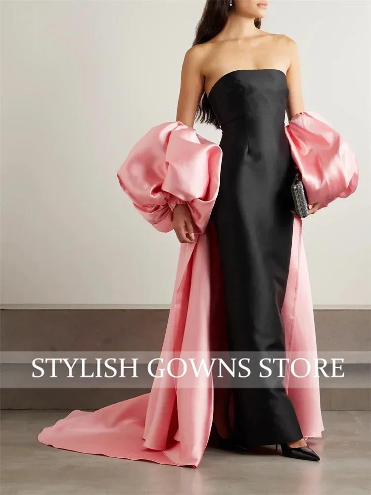 ชุดราตรีสีดําชุดราตรีแขนสีชมพู Cape ผู้หญิงชุดวันเกิดพรรคชุดหรูหราพรรคอย่างเป็นทางการชุดที่กําหนดเอง