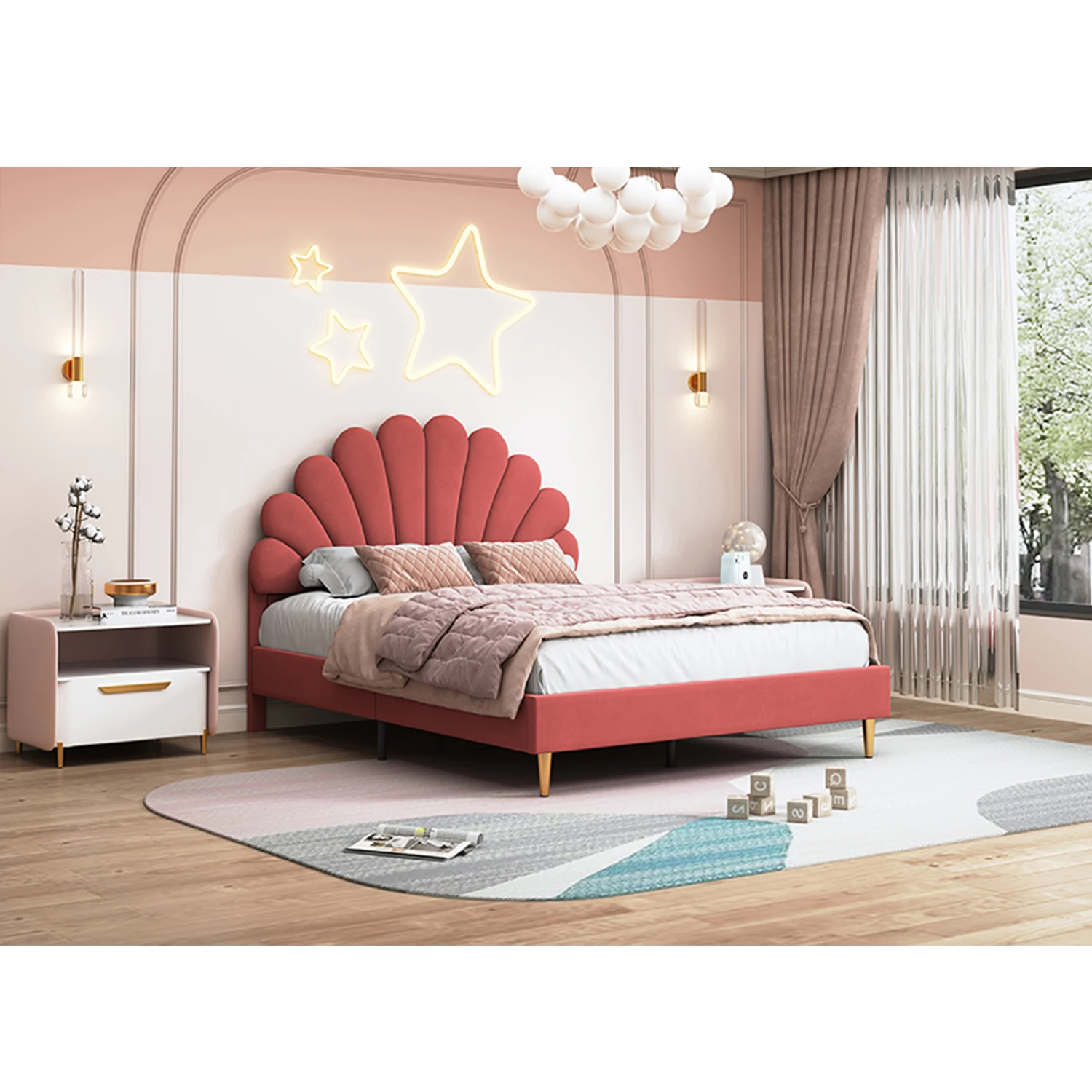 Fangange kinderbed 90x200 cm, eenpersoonsbed, 140x200 cm, meisjesbed met in hoogte verstelbaar bloemblaadjes-hoofdeinde, gestoffeerd, zonder matras