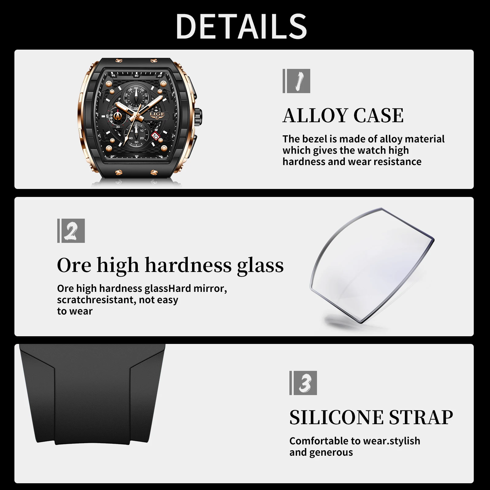 LIGE Outdoor Square Casual Sport Quartz Man Watch Top Brand Luxury Watches Fashion 50M Waterproof Auto Date Silicone Chronograph image 6