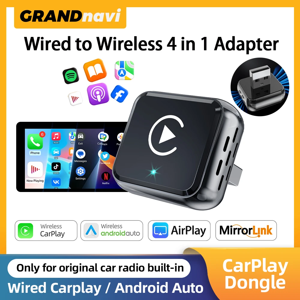

4IN1 Wired To Wireless Adapter for iPhone Carplay Airplay Android Auto Mirrorlink Box AI Car System Plug and Play Auto Connect