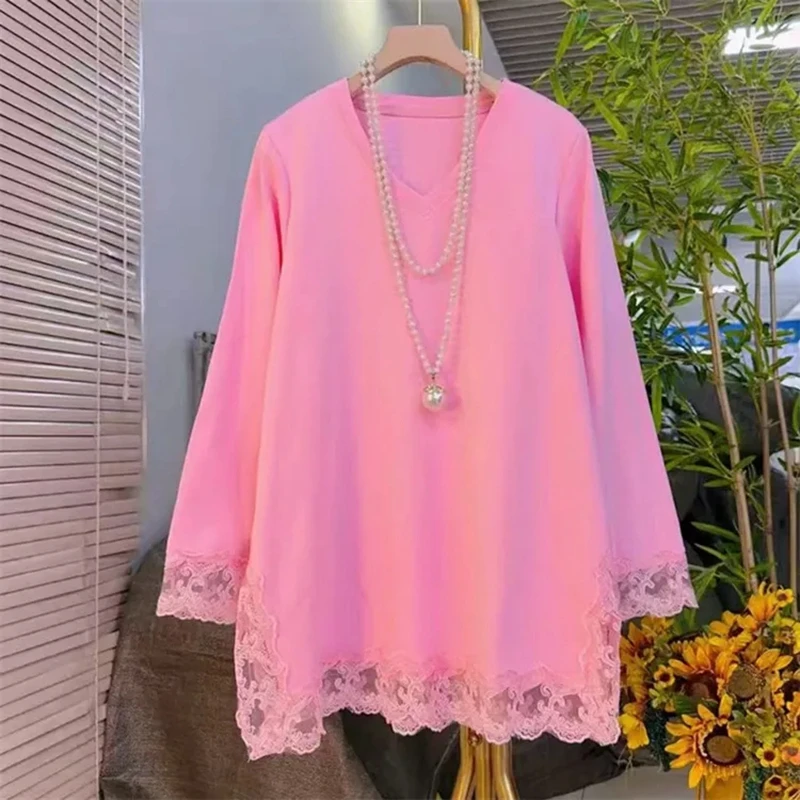 

Плюс размер 5XL, 150 кг, осенняя женская кружевная футболка с v-образным вырезом, женские топы, большая футболка большого размера, женская одежда