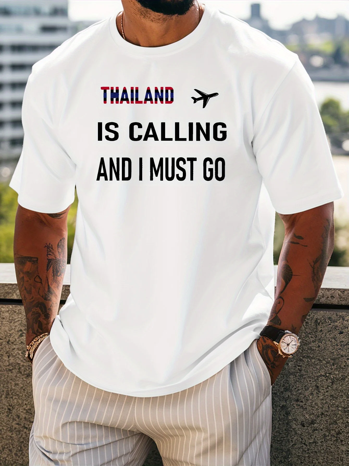 Mens Crew Neck T Shirt Thailand Is Calling Airplane Travel Text Graphic Short Sleeve Casual Cotton Vacation Lover Streetwear Tee