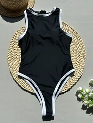 sexy black white patchwork swimsuit one piece zipper back thong Bikinis Swimwear Swimsuits beach outfits bodysuit biquini