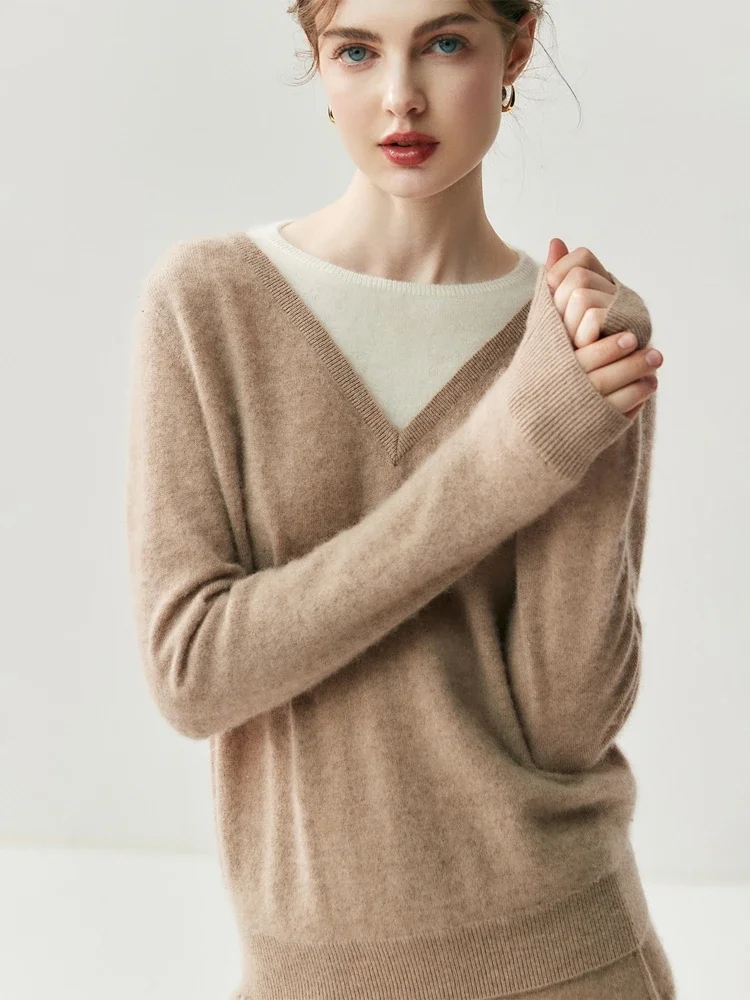 Abbigliamento da donna casual alla moda Colore a contrasto Maglione più venduto Autunno Inverno Pullover lavorato a maglia in cashmere 100% di alta qualità