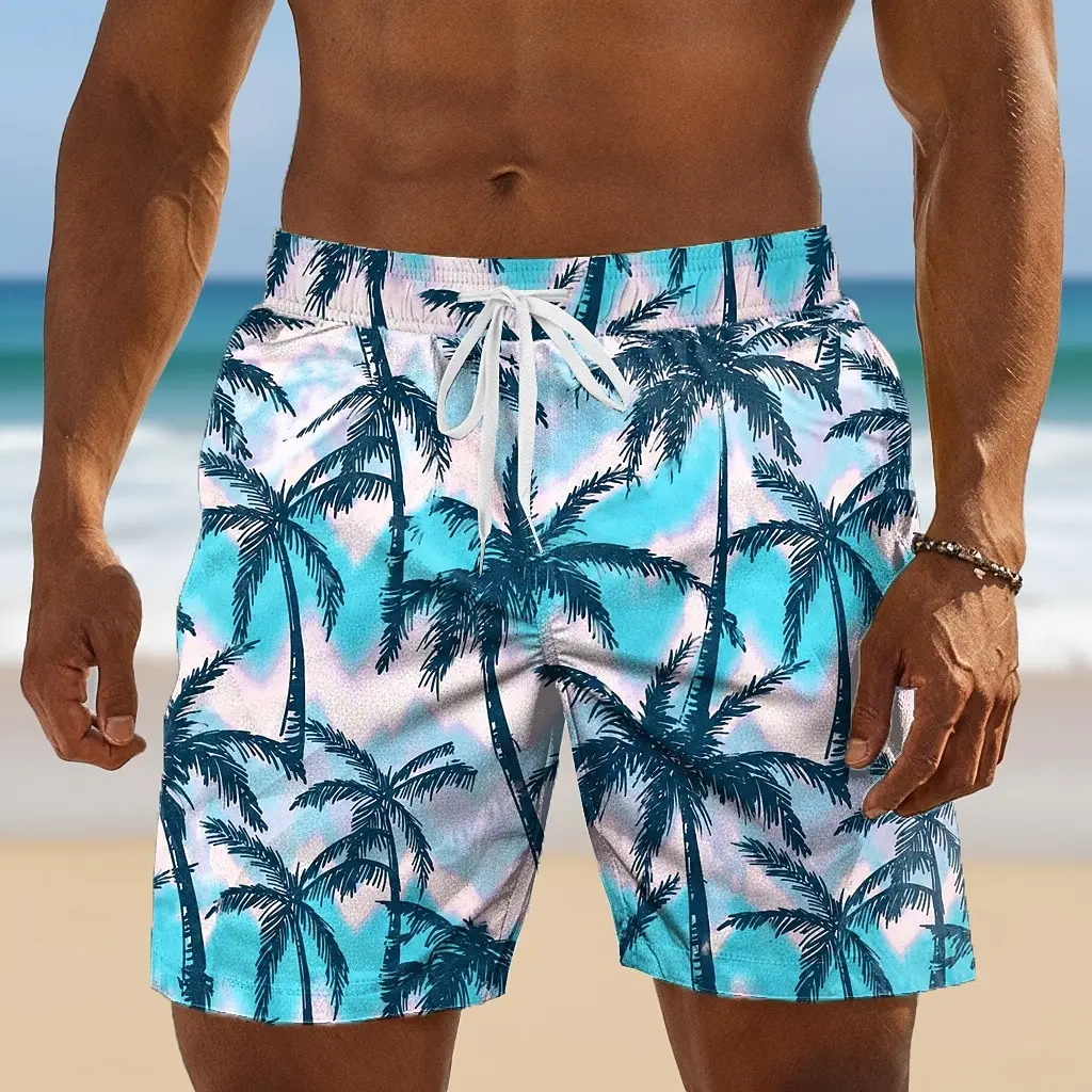 Męskie szorty z niebieskim nadrukiem palm i efektem tie-dye, luźny krój, idealne na wiosnę, lato, do noszenia…