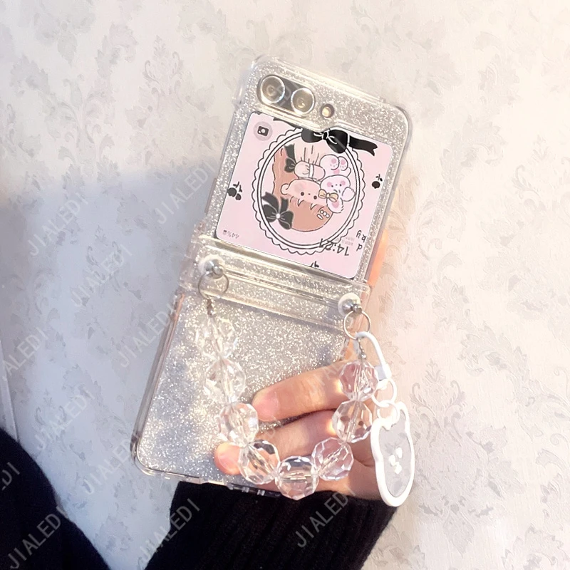 Cute Bear Beads Bracelet Chain Glitter Hinge Phone case For Samsung Galaxy Z Flip 5 6  3 4 Clear Hard flip6 Cover