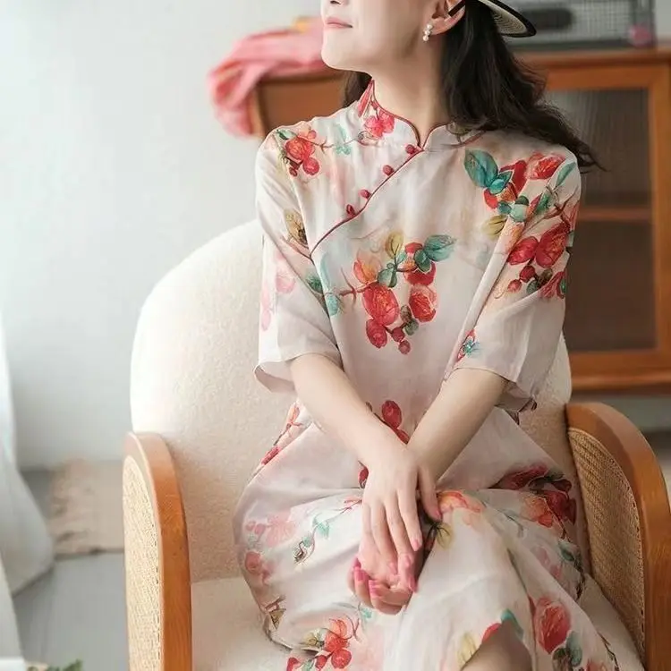 Sukienka cheongsam w stylu chińskim, tradycyjna, vintage qipao, orientalna, z kwiatowym wzorem, z bawełny i lnu, wygodna sukienka, nowość 2026.