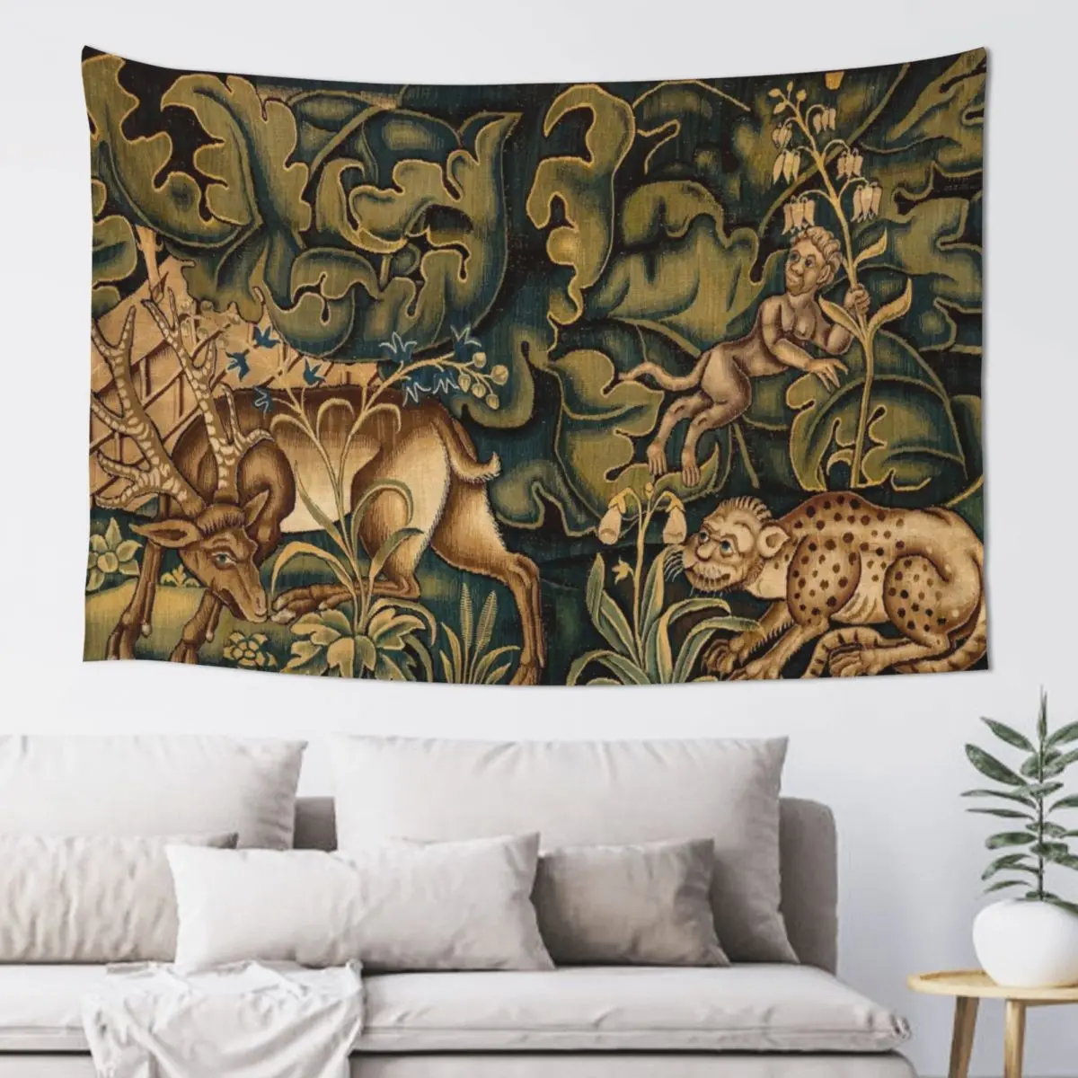 FANTASTIC ANIMALS,DEER ,FLOWERS AND GREEN CABBAGE LEAVES ,Antique Floral Tapestry Cute Room Decor Decorative Wall Mural Tapestry