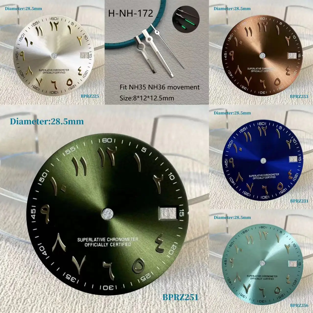 28.5mm S logo Arabic numerals dial green black dial Suitable nh dial 35 Movement watch accessories no luminous Watch repair tool