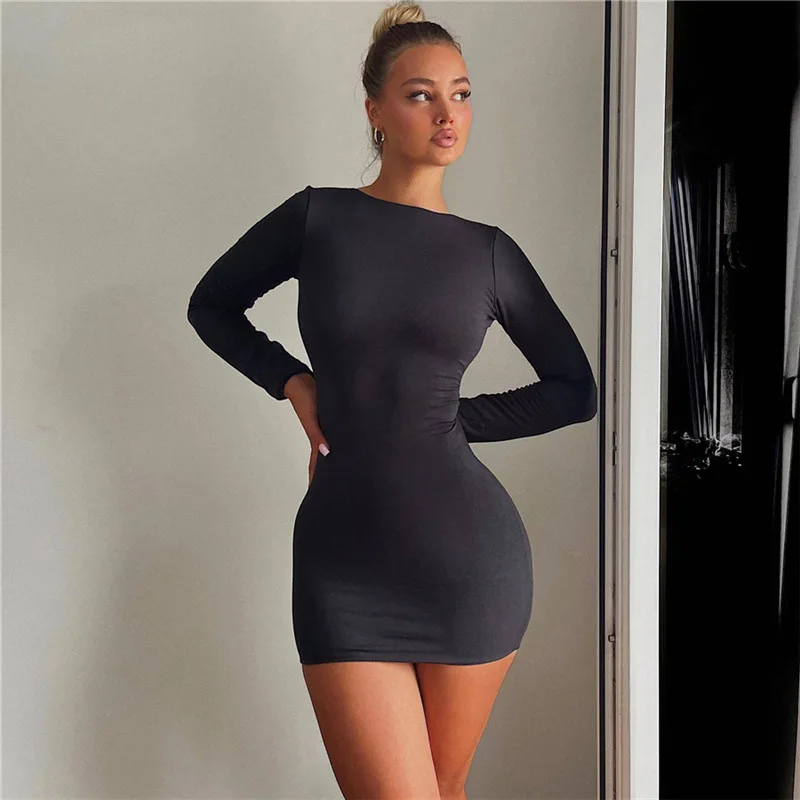 Pagamento Mini abito casual da donna Conciso classico senza schienale Manica intera O-Collo Abbigliamento da strada aderente femminile di base