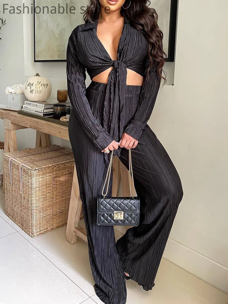 

Women Sexy Lace-up Crop Top And High Waist Pleated Pants 2pcs Set