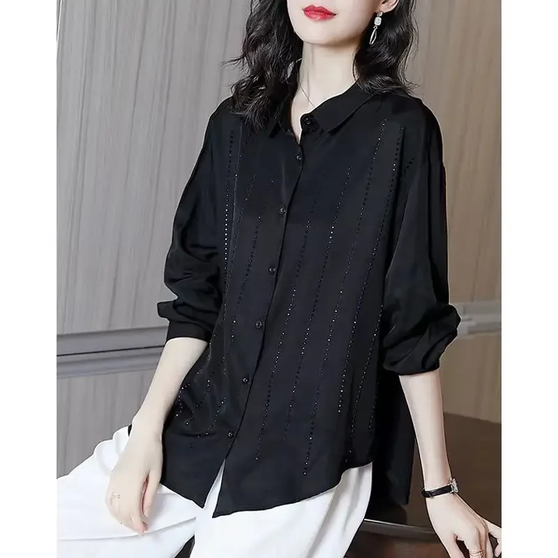 

Fashion Lapel Loose Solid Color Diamonds Shirts Women's Clothing 2025 spring autumn Oversized Casual Tops Asymmetrical Blouses