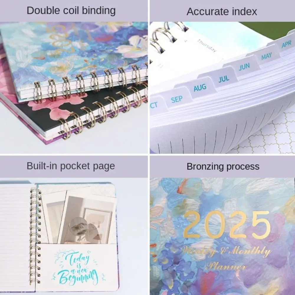 A5 2025 Agenda Planner Notebook Floral 140 Pages 12 Months Planner Notebook Multifunction Elastic Band Design 365 Days Notepad