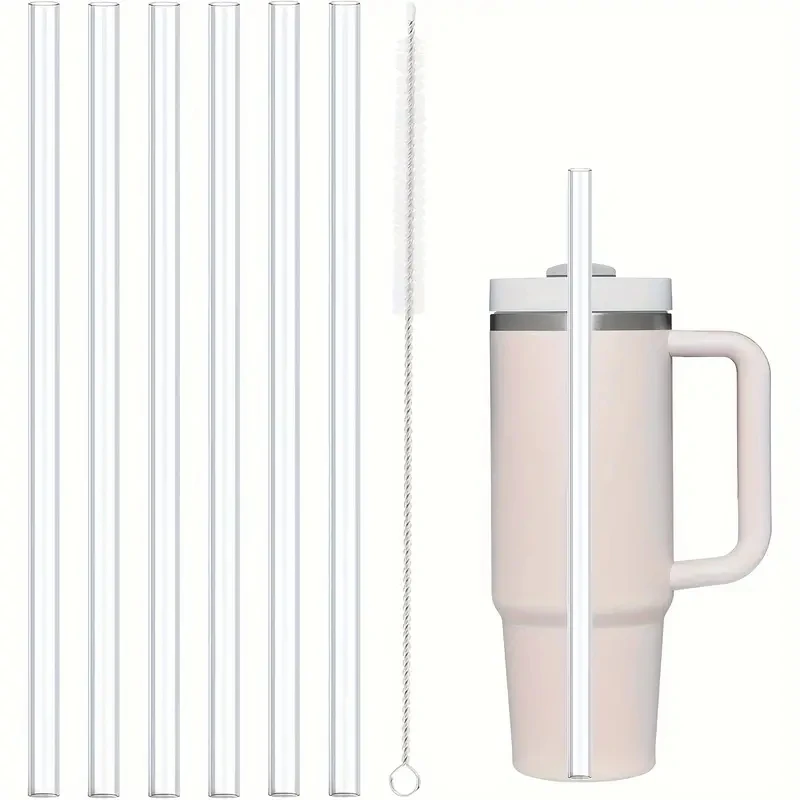 30cm 6 pcs Reusable Straw with Cleaning Brush, Plastic, Clear,Replacement Straw Compatible for Stanley 40 oz 30 oz Cup Tumbler