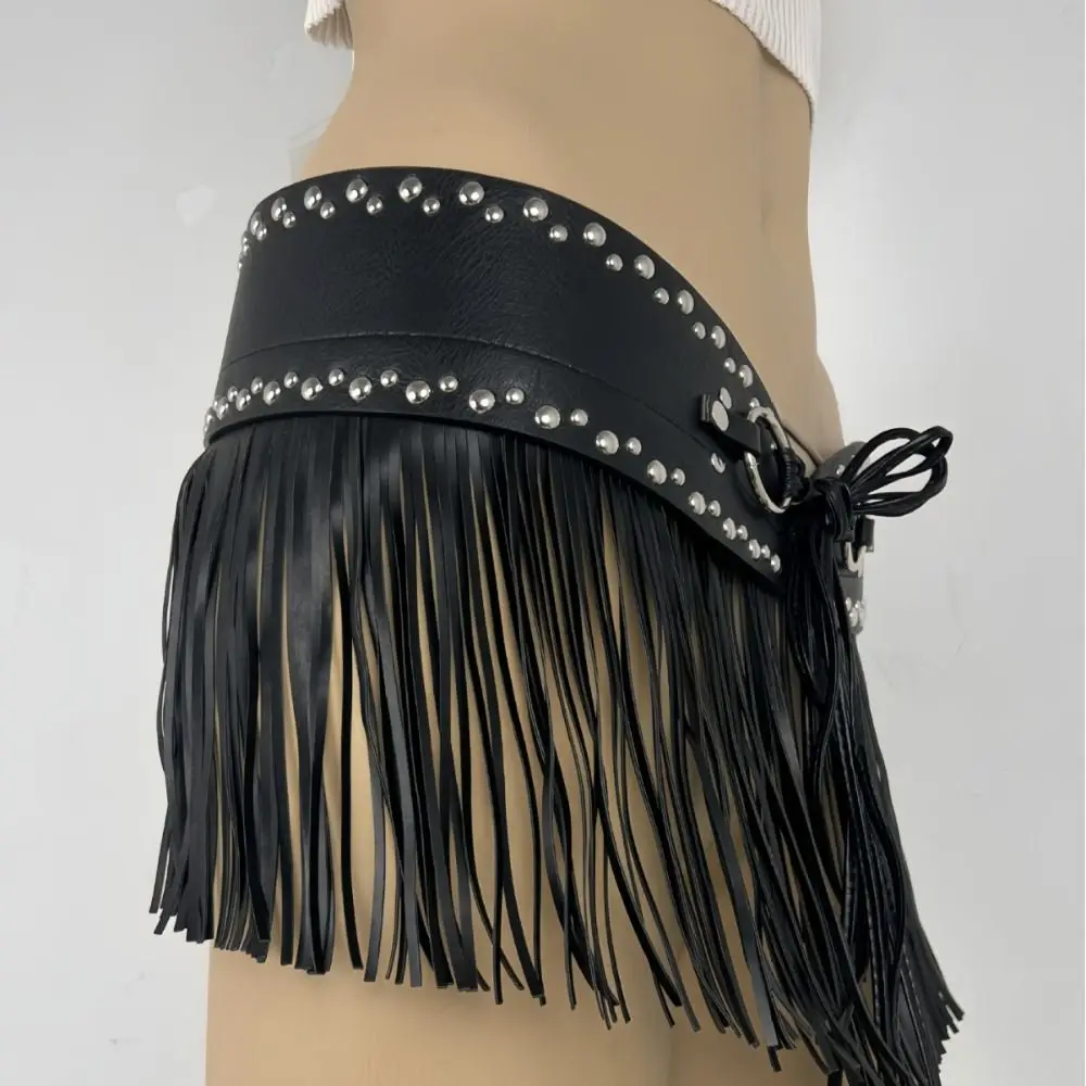 

Trendy Black Rrivet Belt Spicy Girl Punk Style Skirt Decoration Width Jeans Decor Pu Tassel Waistbands Dress Decoration