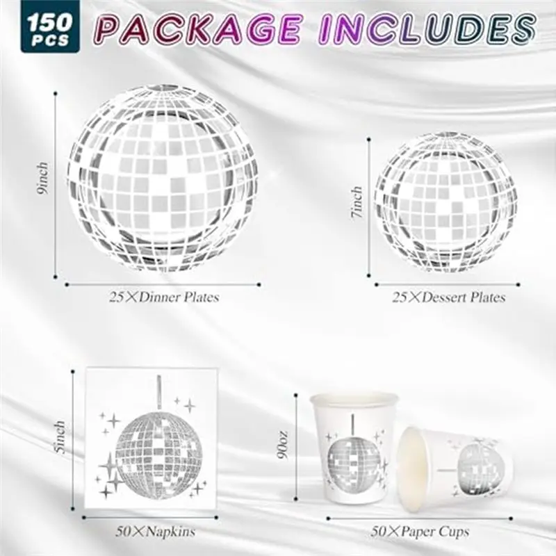 ABJI-Disco Party Supplies Tableware Set Disco Ball Dinner Plate Napkin Fork Disco Birthday Rock Dance Music Party, Durable 150 P view 6