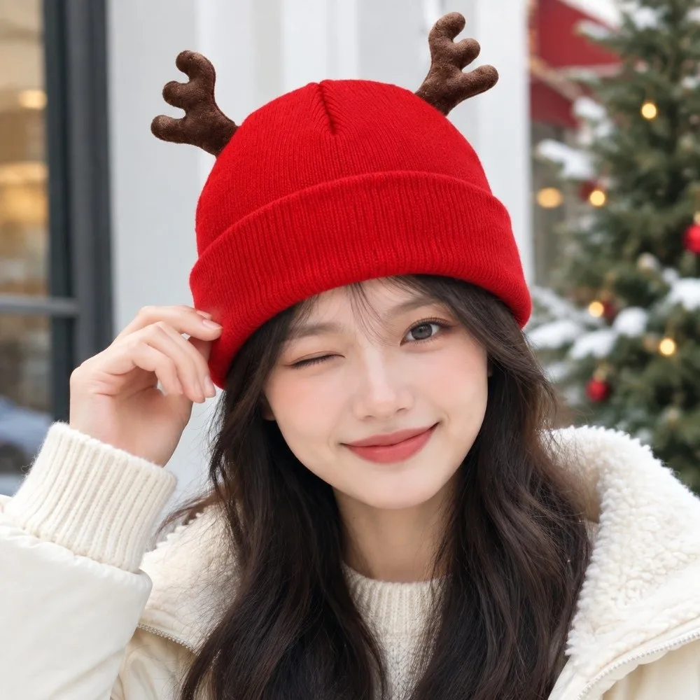 Winter Soft Reindeer Antler Hat Warm Cute Knit Beanie Cap Versatile Convenient Deer Horn Beanie Festival