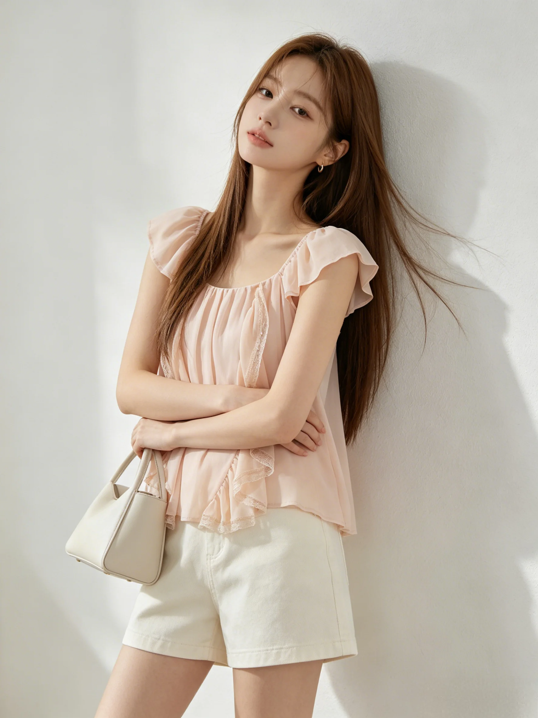 Sweet Lace Trimmed Bell Sleeve Crop Top Korean Style Breathable Short Length Summer Vest Holiday Vibes Casual Wear for Women