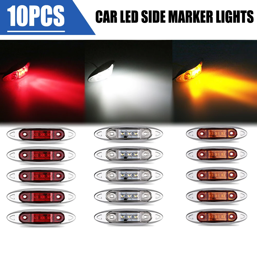 

10PCS Universal 3 LED Car Side Marker Light Warning Light 12V 24V Truck Van Trailer Yellow White Red Clearance Light Signal Lamp