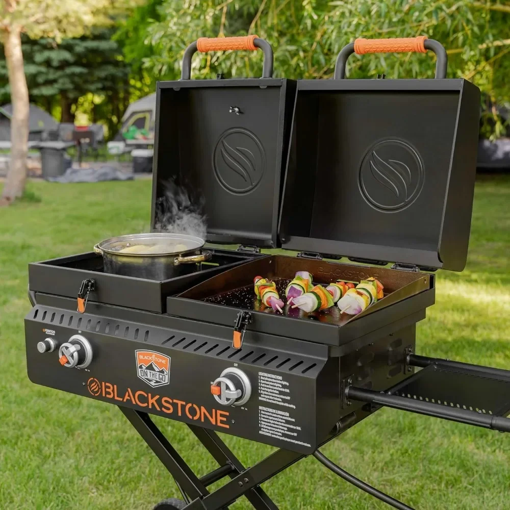 1550 On The Go Combo dengan Roda, Kaki, Kap & Rak Samping, Grill Panggangan BBQ Portabel Tugas Berat dengan Permukaan Datar untuk Dapur