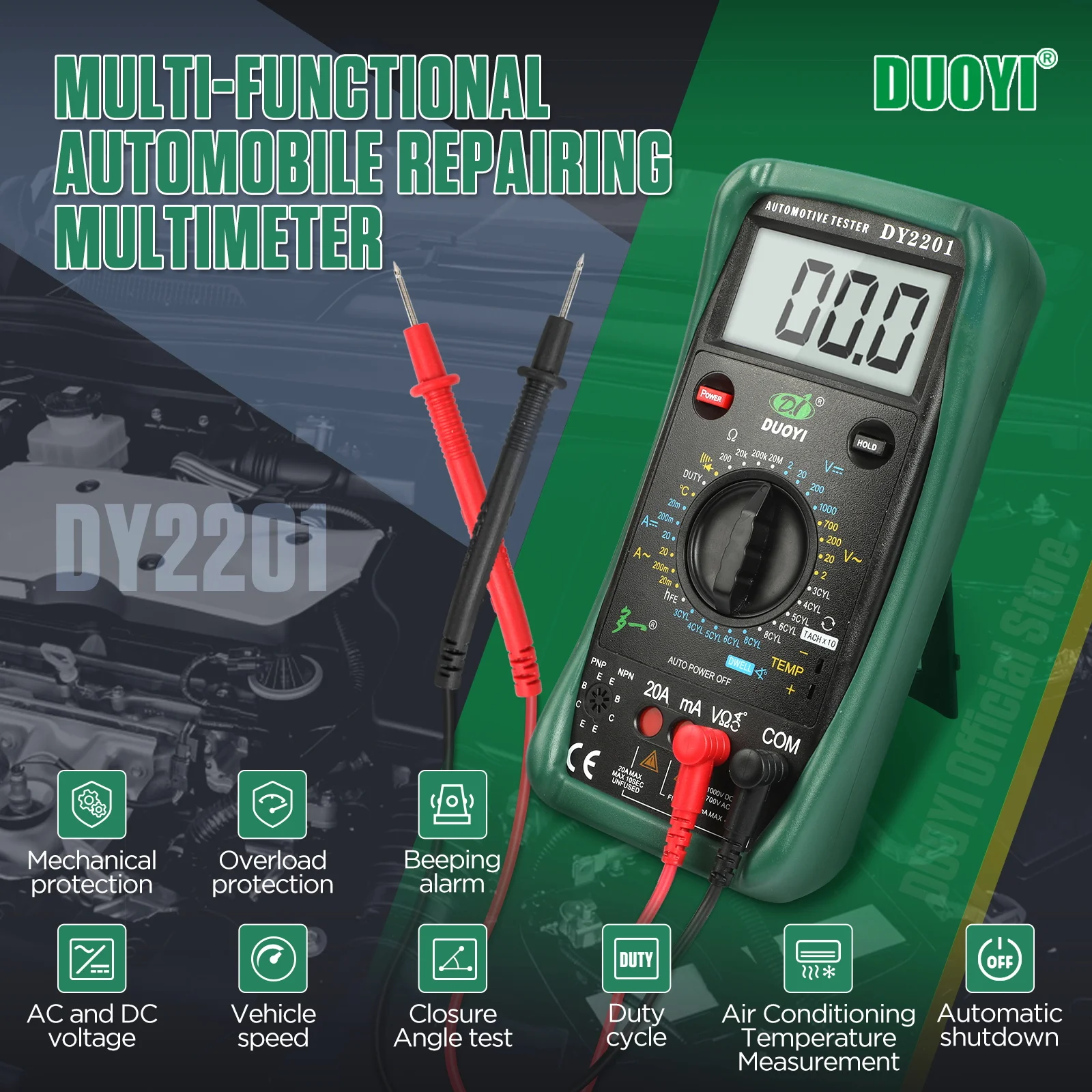 DUOYI DY2201 Digital Multimeter Automotive Auto Range Tester 500-10000 RPM Dwell Angle Temperature Meter Universal Multimetro